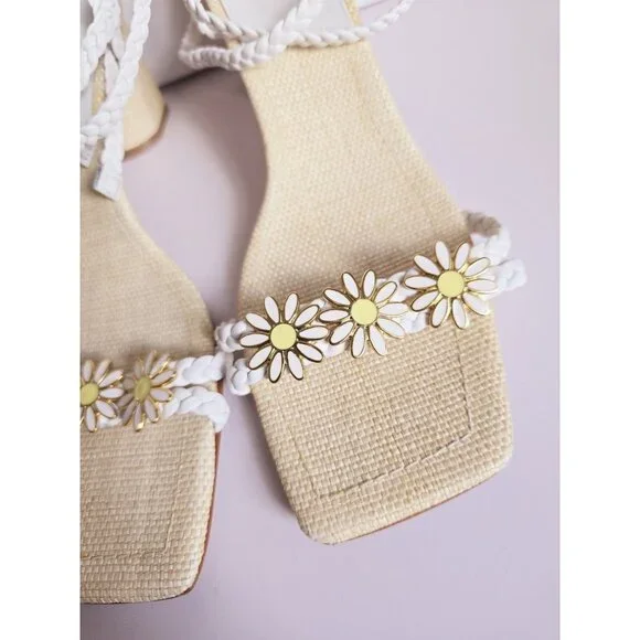 Schutz Hina Daisy Fairy Rafia Floral Lace Up White Block Heels Sandals Shoes 7.5 - Picture 10 of 14